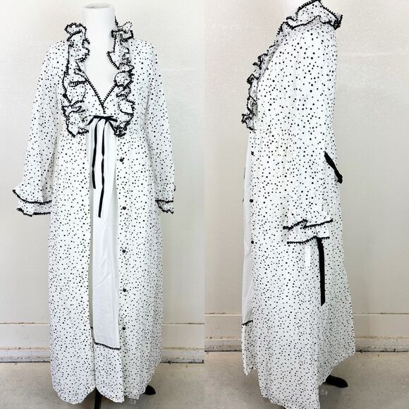 Vintage 70s Polka Dot Mod Black White Robe 2 Piece Ruffle Empire Dress Bond Girl - Picture 1 of 8